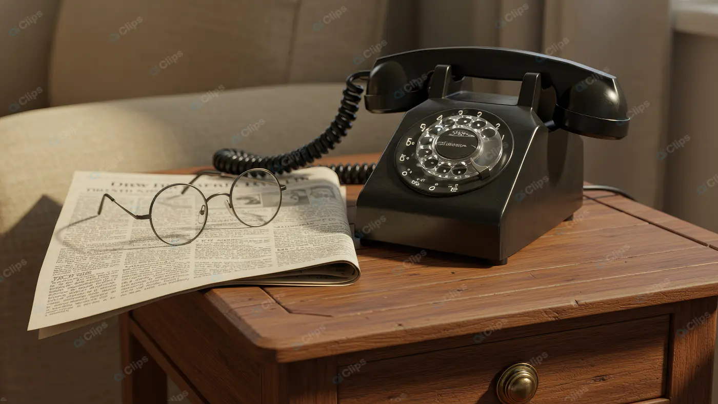 Retro Black Rotary Phone with Newspaper and Glasses – Classic Vintage Home Scene