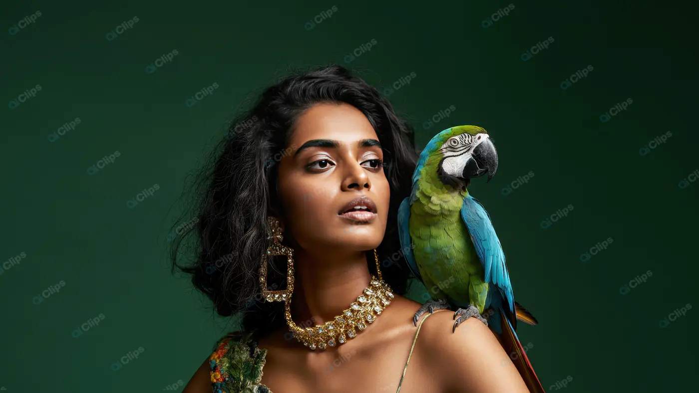Elegant Woman with Macaw Parrot in Luxury Fashion Portrait