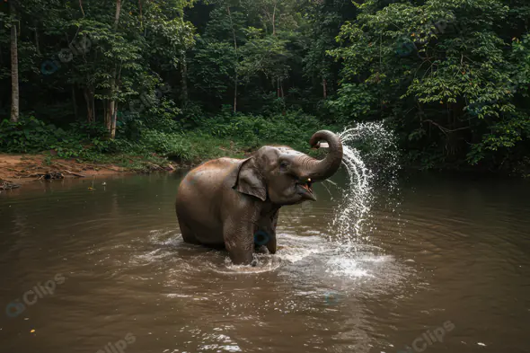 Playful Young Elephant Splashing Water in Jungle River – Wildlife Photography Asset