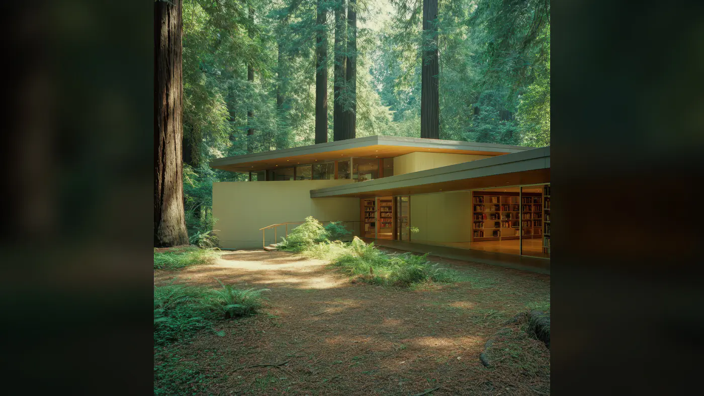 Modern Library in the Forest with Glass Walls and Wooden Accents