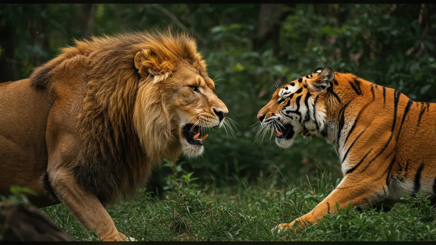 Ferocious Battle: Lion and Tiger Roaring in the Wild