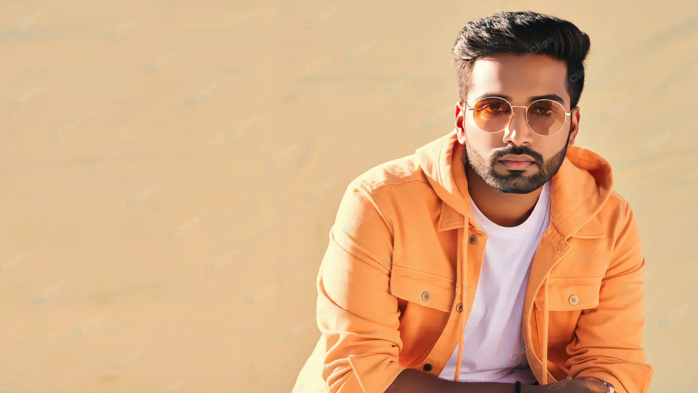 Stylish Indian Man in Orange Jacket and Sunglasses Posing Outdoors