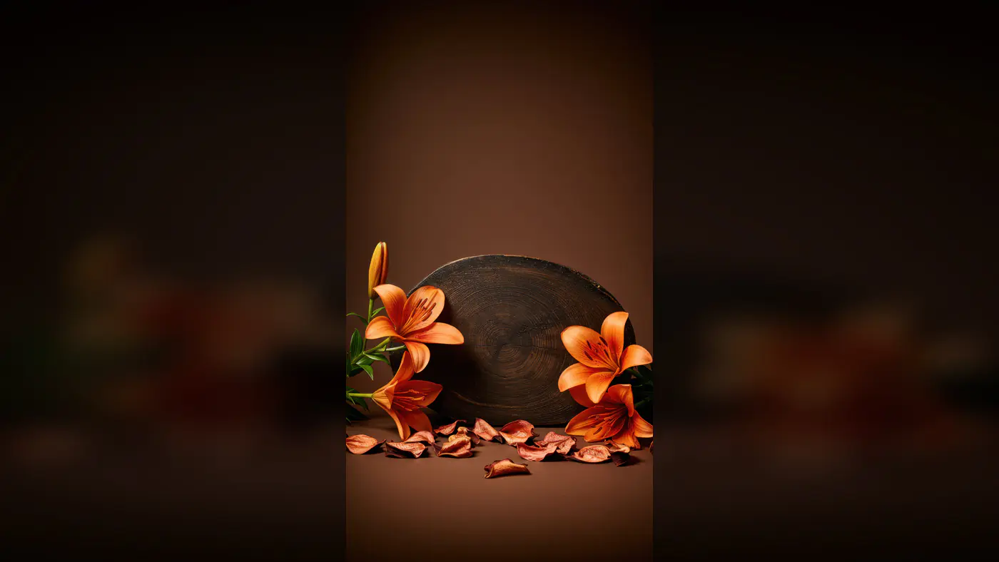 Dark Wood Floral Mockup with Orange Lilies and Petals