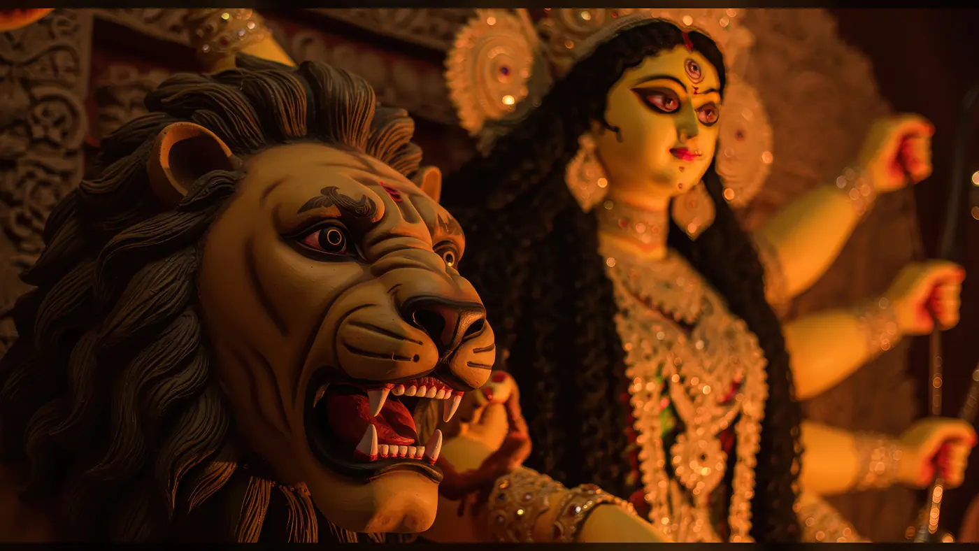 Goddess Durga Idol with Lion in Festive Lighting