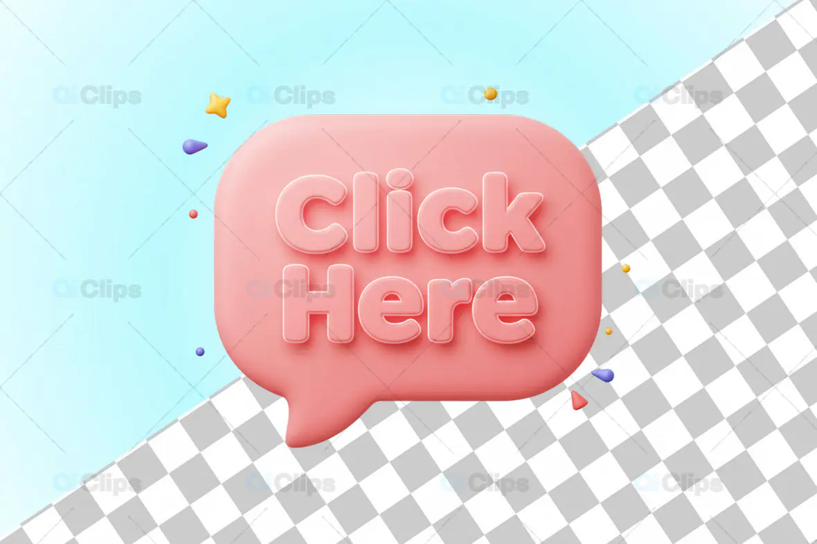 3D Pink "Click Here" Speech Bubble Icon with Decorative Elements