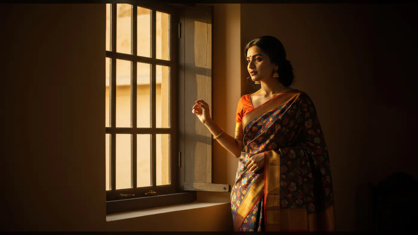 Traditional Indian Woman Gazing Out a Window in Soft Golden Light