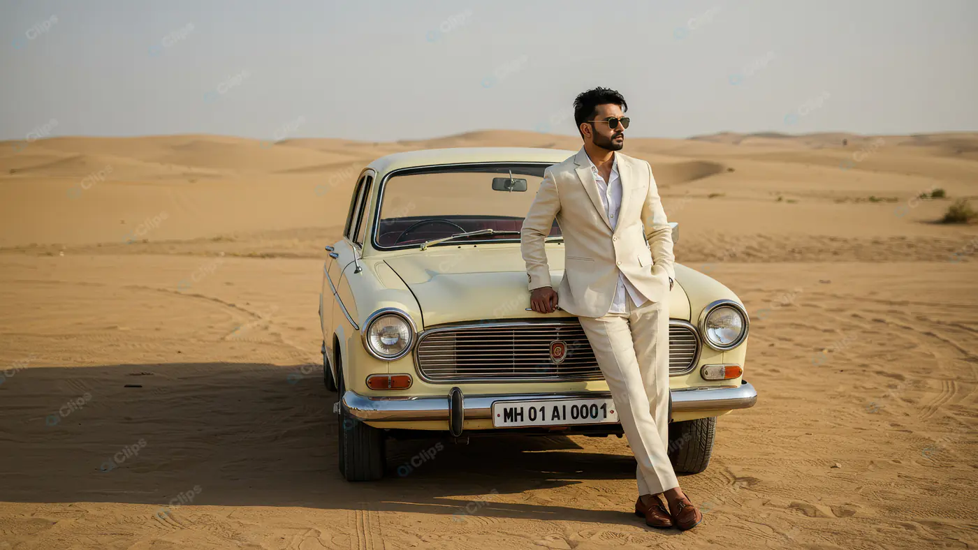 Stylish Indian Man in Beige Suit with Vintage Car in Desert – Classic Fashion Editorial