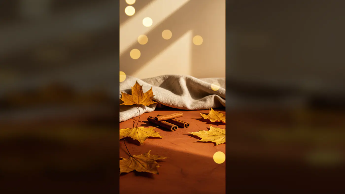 Autumn Cinnamon Stick Mockup with Fall Leaves and Cozy Fabric