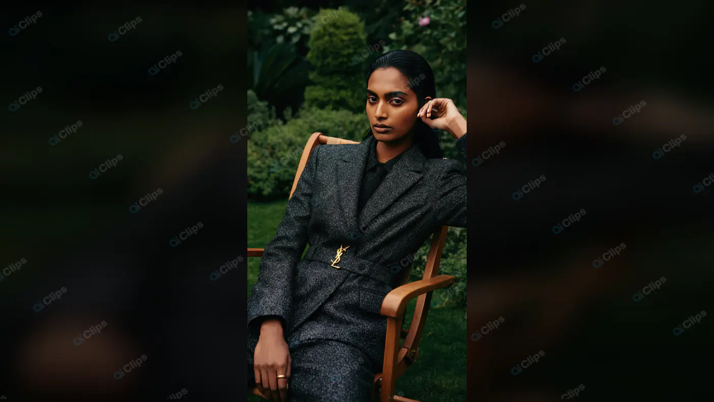 Confident Woman in Designer Suit Posing in Garden