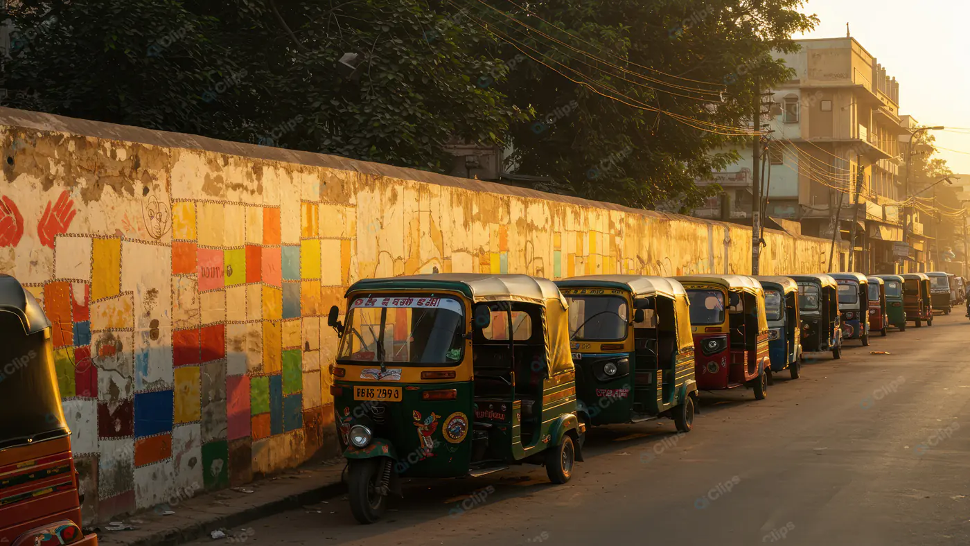 Line of Auto Rickshaws Parked Along Colorful Urban Street – Indian Transportation Photo