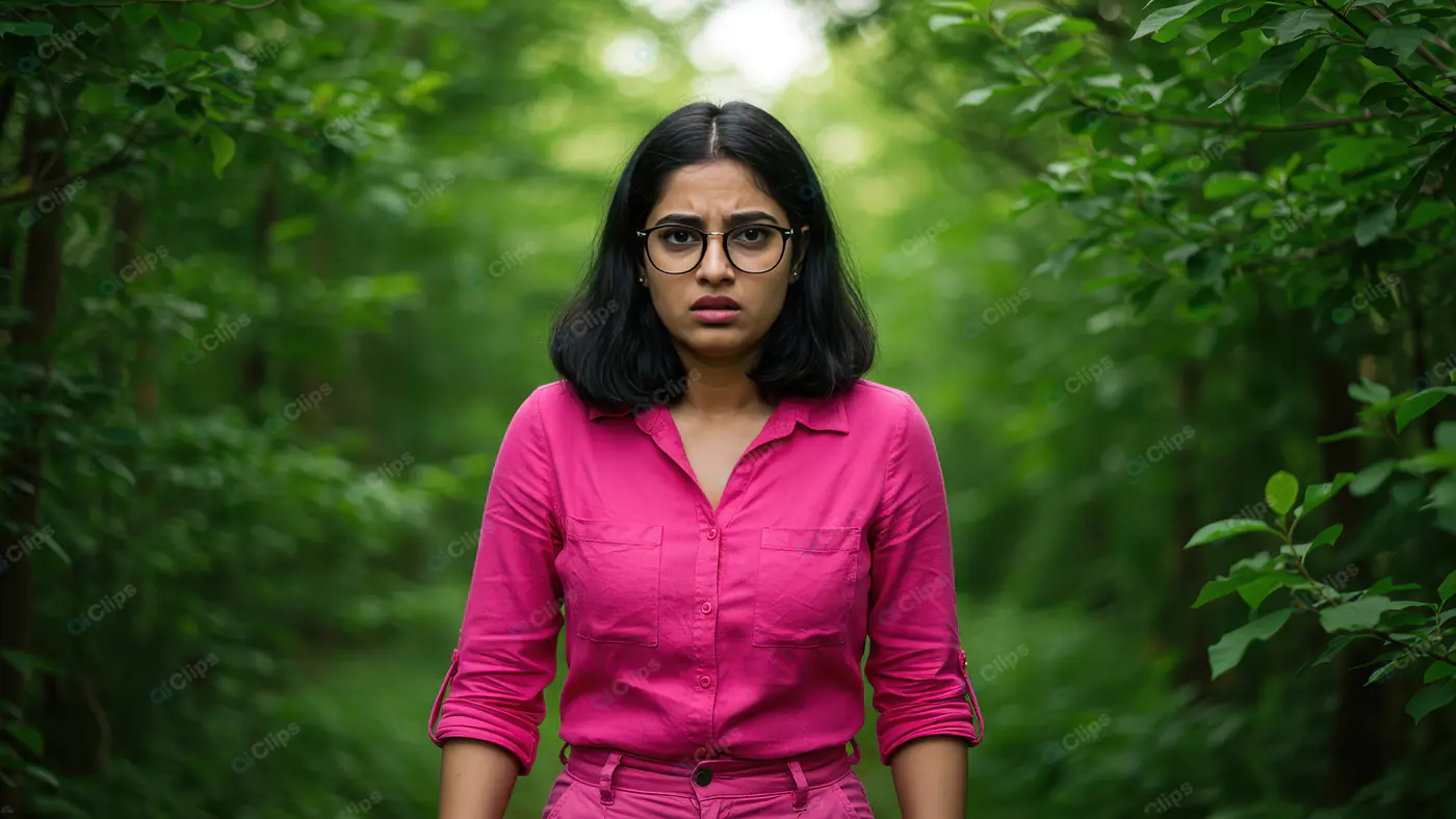 Young Woman in Pink Shirt Looking Anxious in Green Forest Path