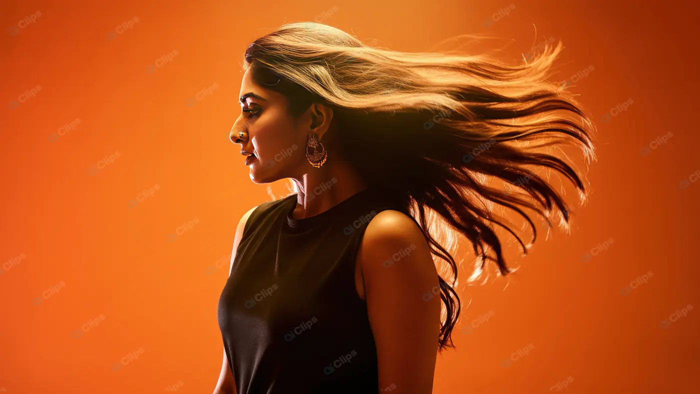 Elegant Indian Woman with Flowing Hair in Golden Backlight