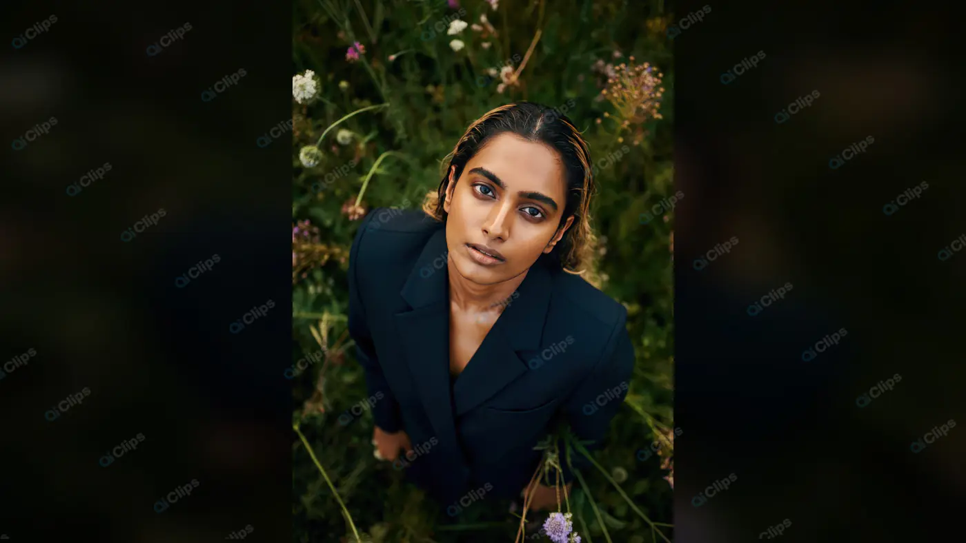 Stylish Indian Woman in Black Blazer Amidst Wildflowers