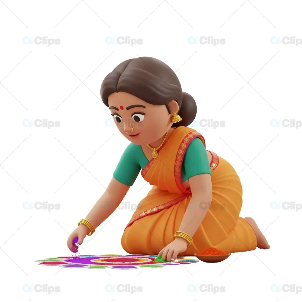 3D Indian Woman Creating Rangoli Art