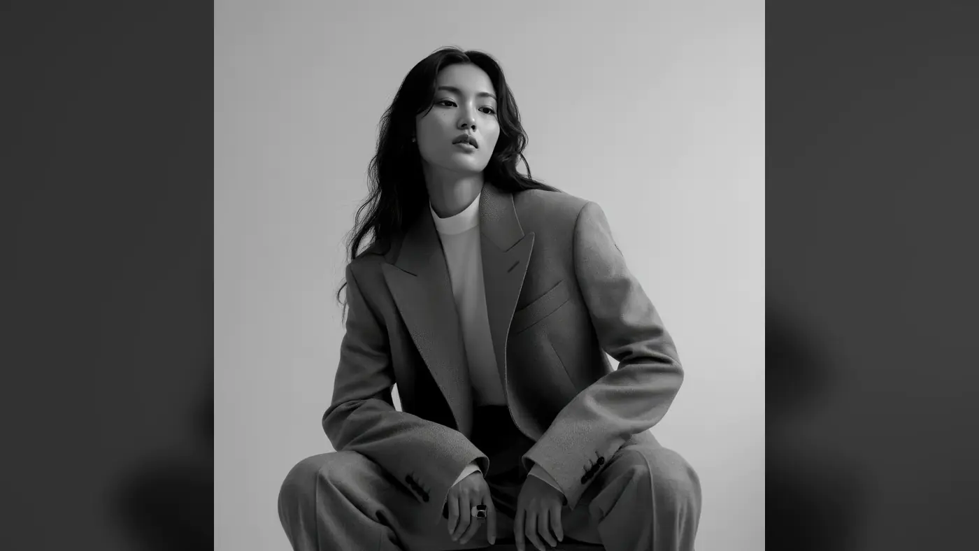 Monochrome Portrait of Confident Woman in Oversized Suit