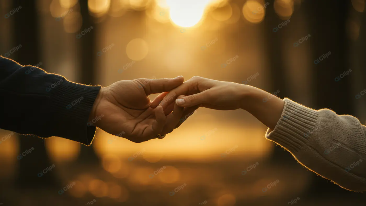 Romantic Couple Holding Hands at Sunset in Nature