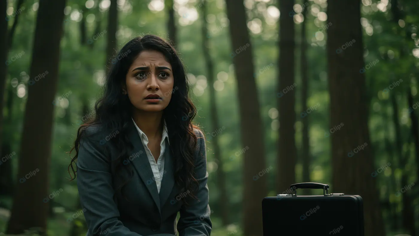 Worried Indian Businesswoman in Formal Suit Sitting Alone in Forest with Briefcase