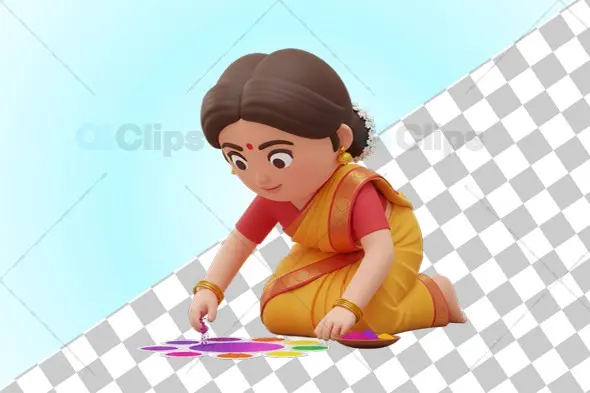3D Indian Woman Crafting Rangoli