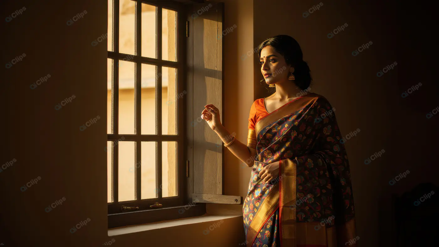 Traditional Indian Woman Gazing Out a Window in Soft Golden Light
