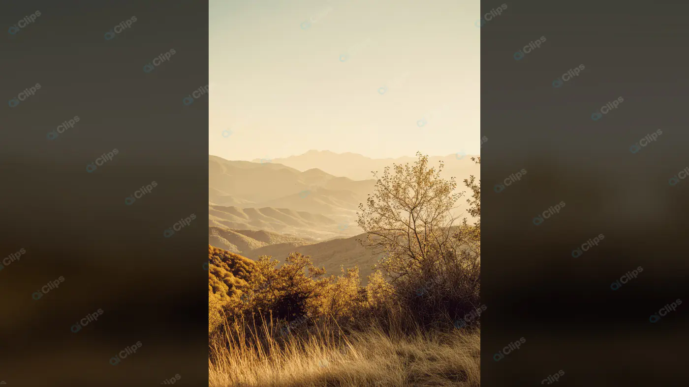 Golden Hour Mountain Landscape with Rolling Hills and Trees