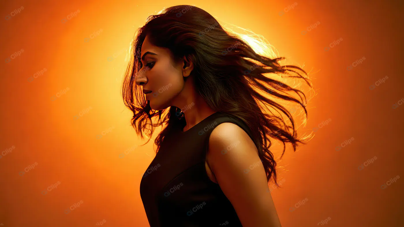 Stylish Indian Woman with Flowing Hair in Vibrant Orange Backlight