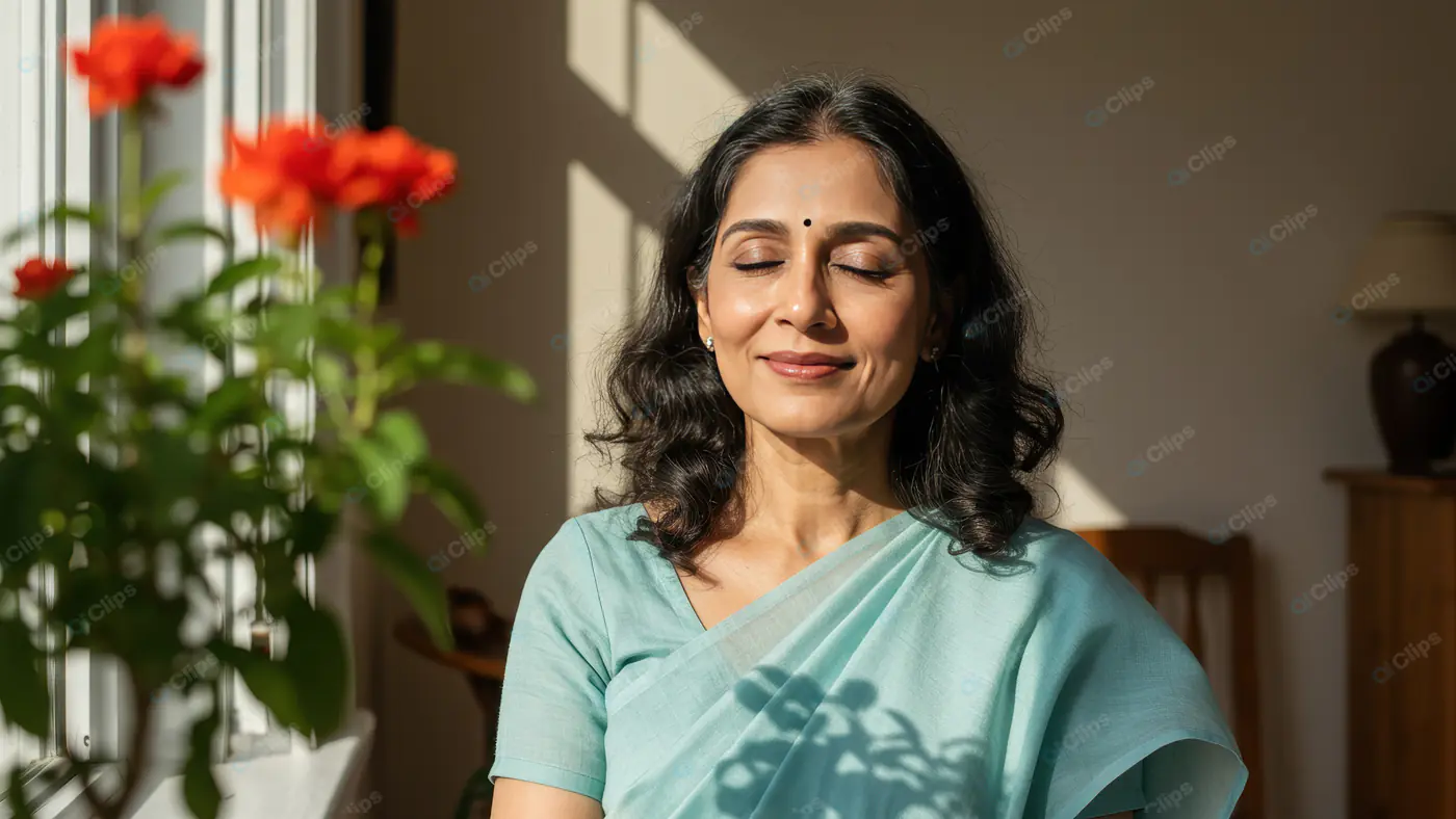 Peaceful Indian Woman Meditating by Window in Sunlight