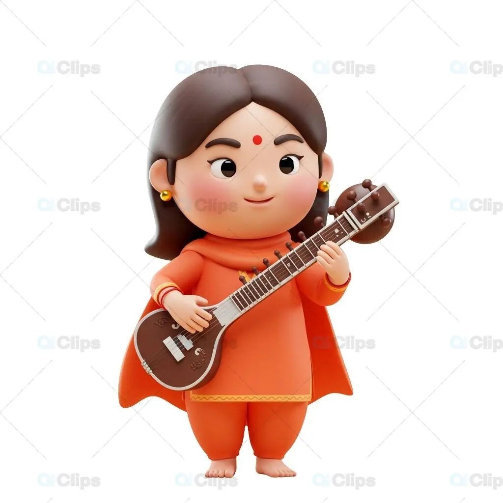 Indian Woman with Sitar - 3D Illustration