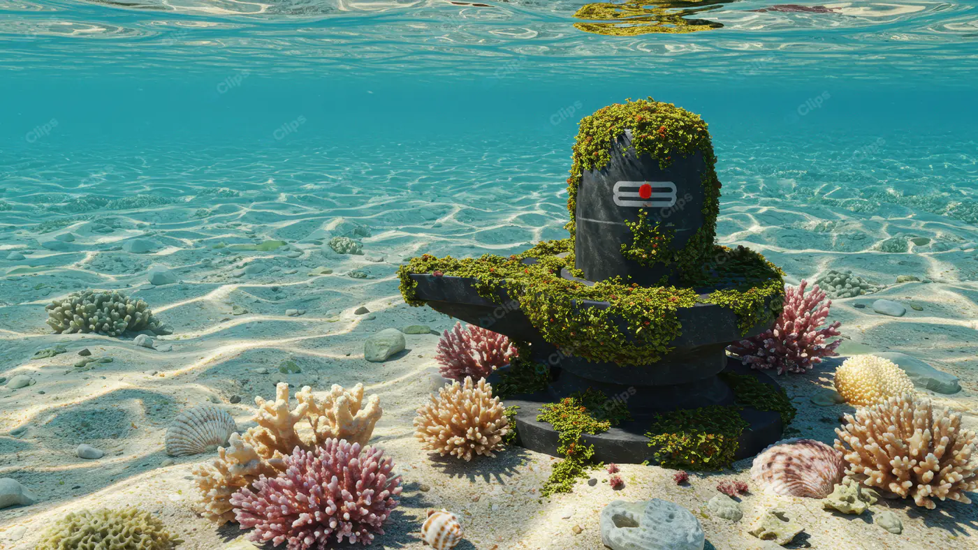 Ancient Shivling Submerged Underwater with Coral Reef Surroundings