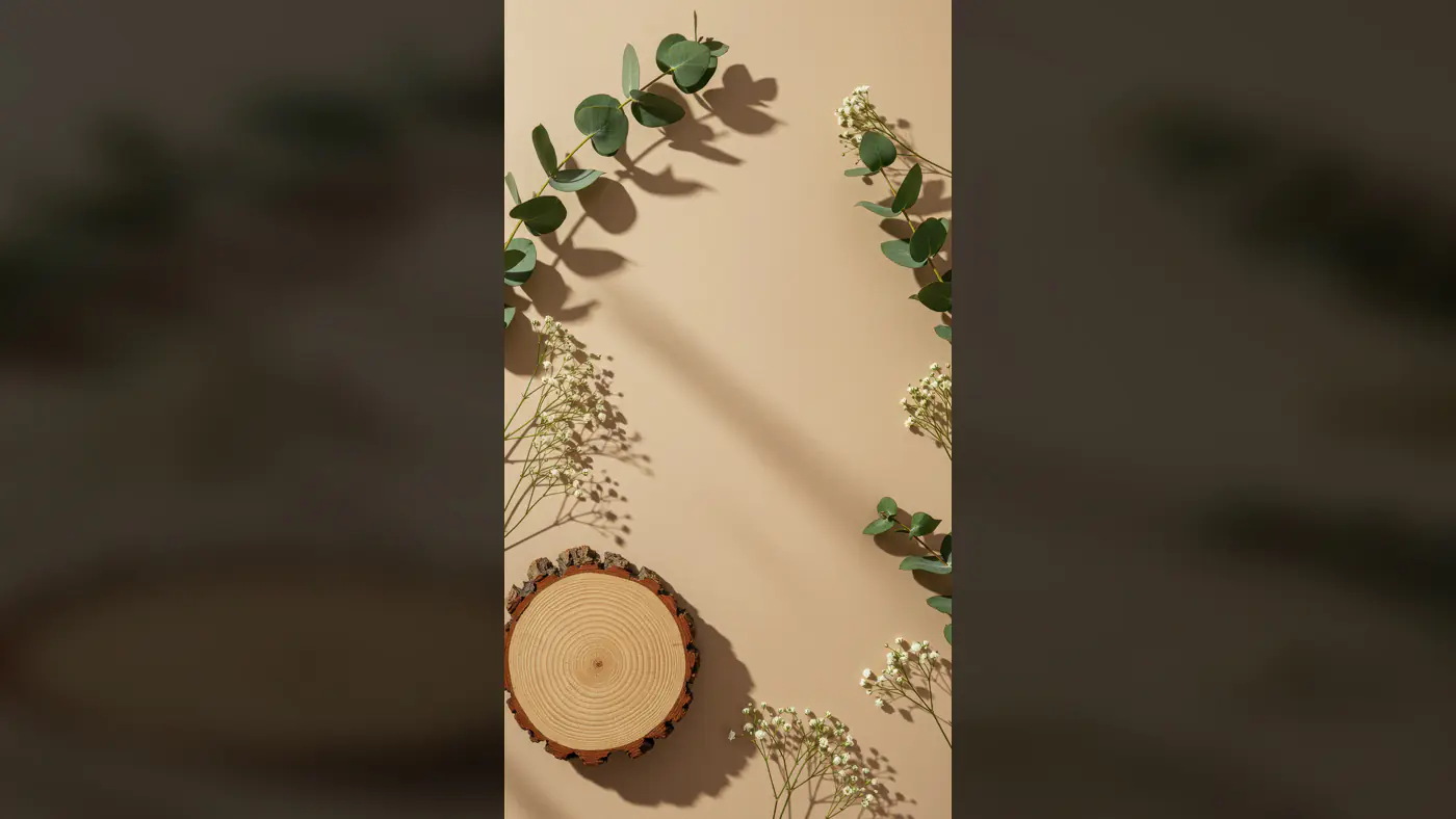 Minimal Nature Flat Lay Mockup with Wooden Slice and Greenery