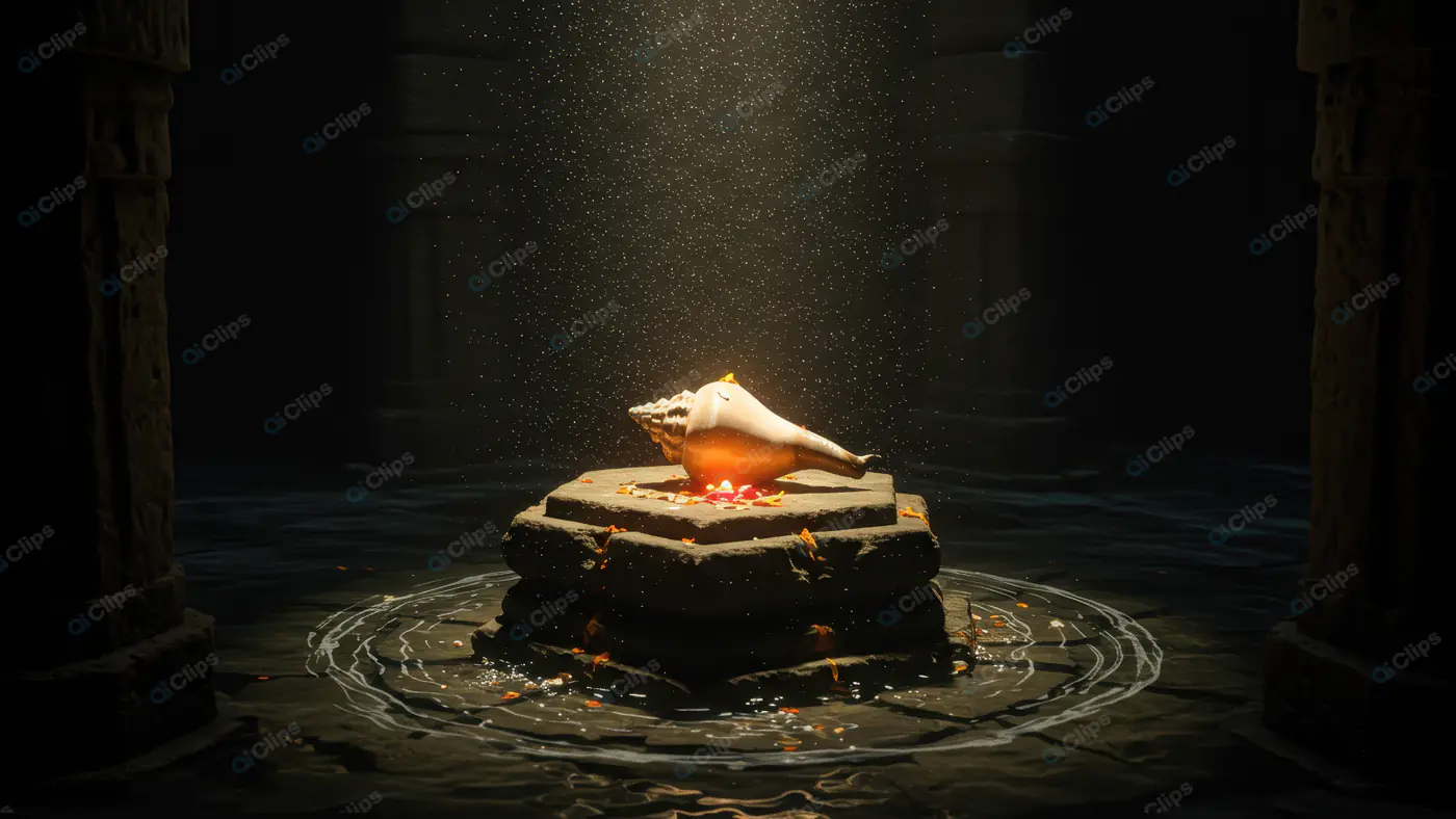 Divine Conch Shell with Glowing Light on Ancient Stone Altar