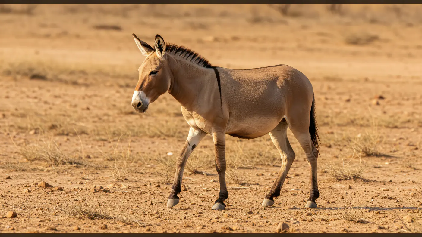 Indian Wild Ass Walking in Arid Desert Landscape Under Warm Sunlight
