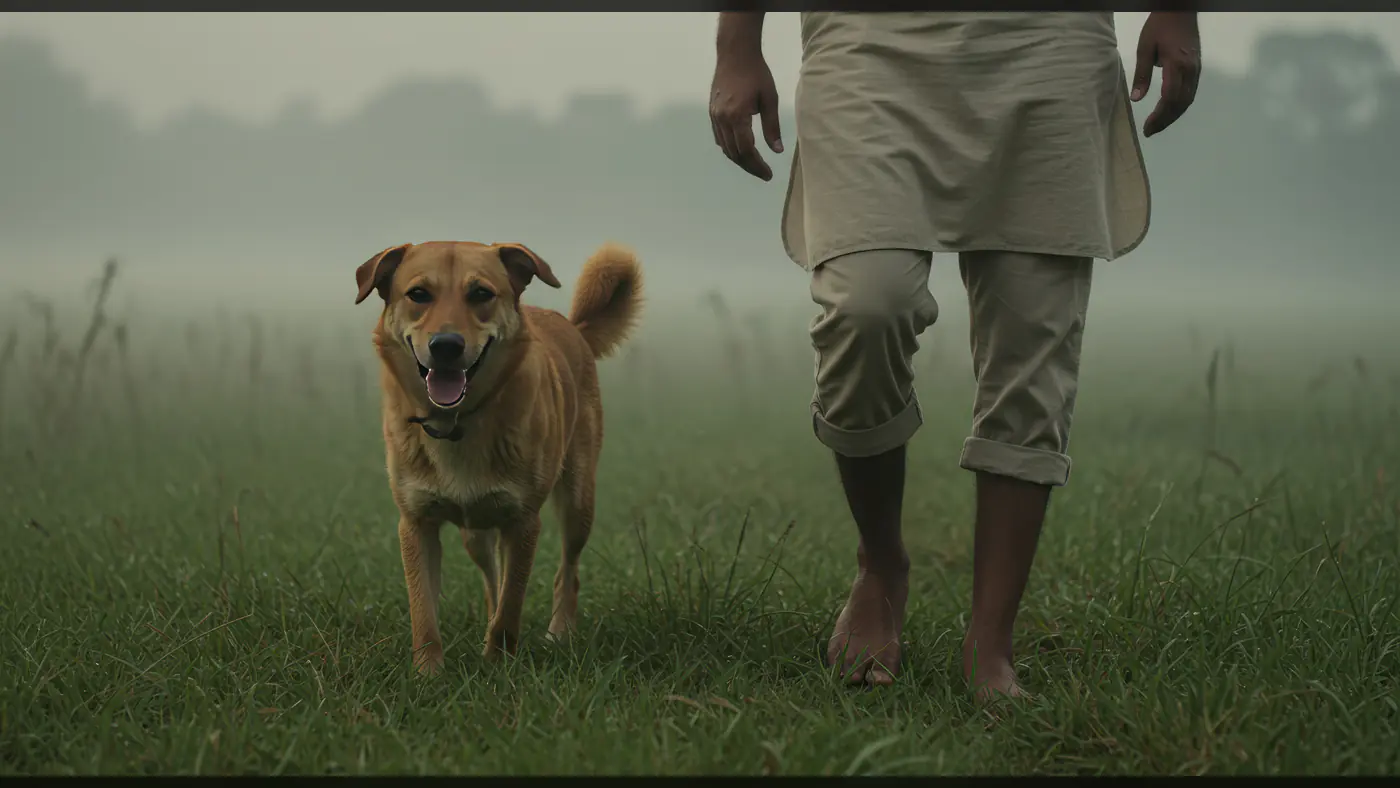 Man Walking with Happy Dog in Misty Field