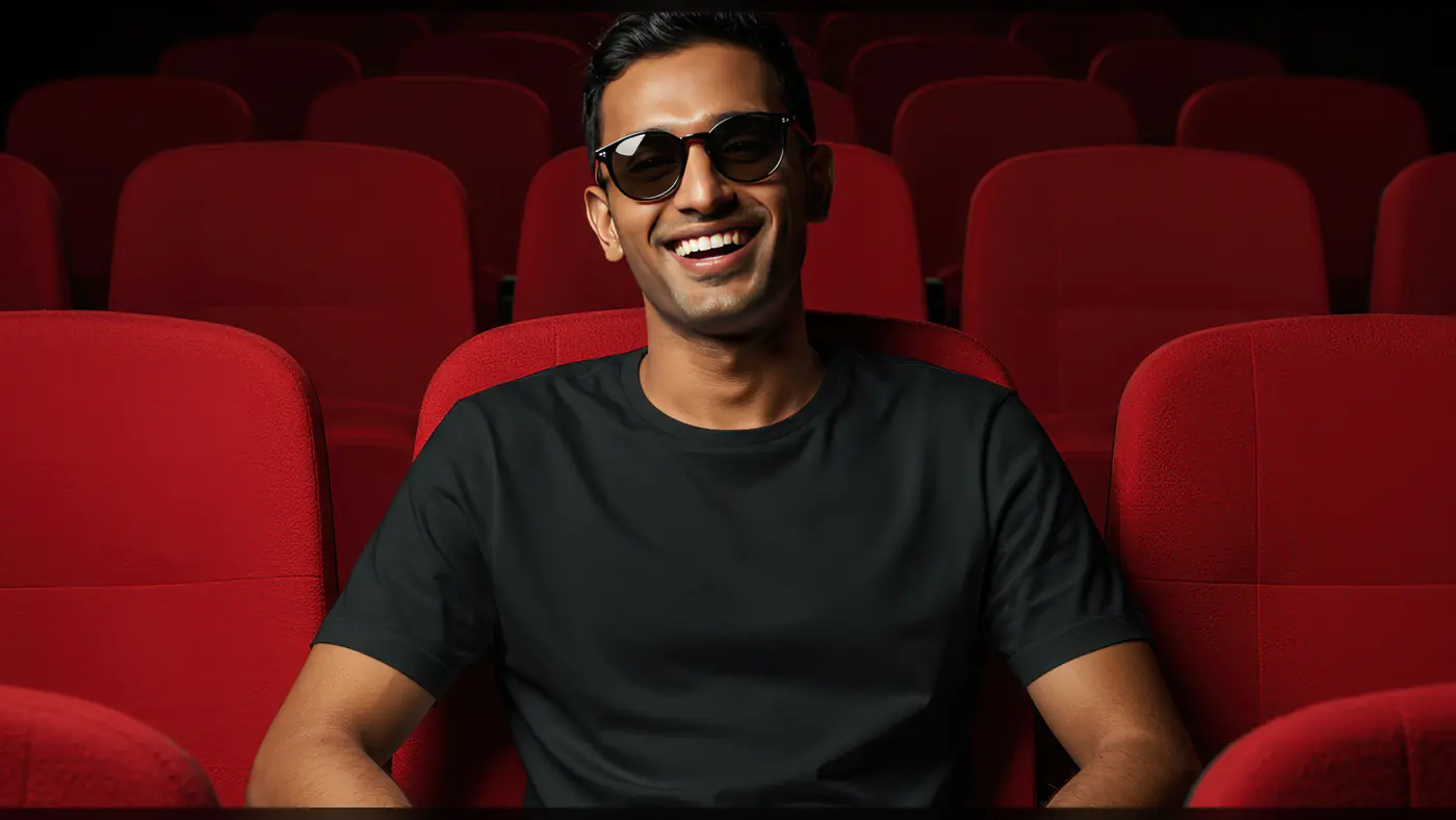 Happy Indian Man in Sunglasses Sitting in Cinema – Casual Lifestyle Photography