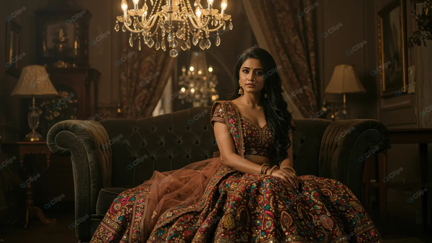 Indian Bride in Traditional Maroon Bridal Lehenga – Luxurious Vintage Interior Portrait