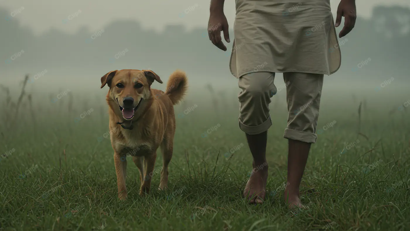 Man Walking with Happy Dog in Misty Field