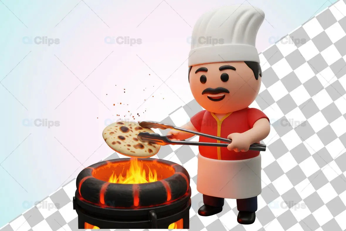 3D Chef Baking Naan Over Tandoor Fire