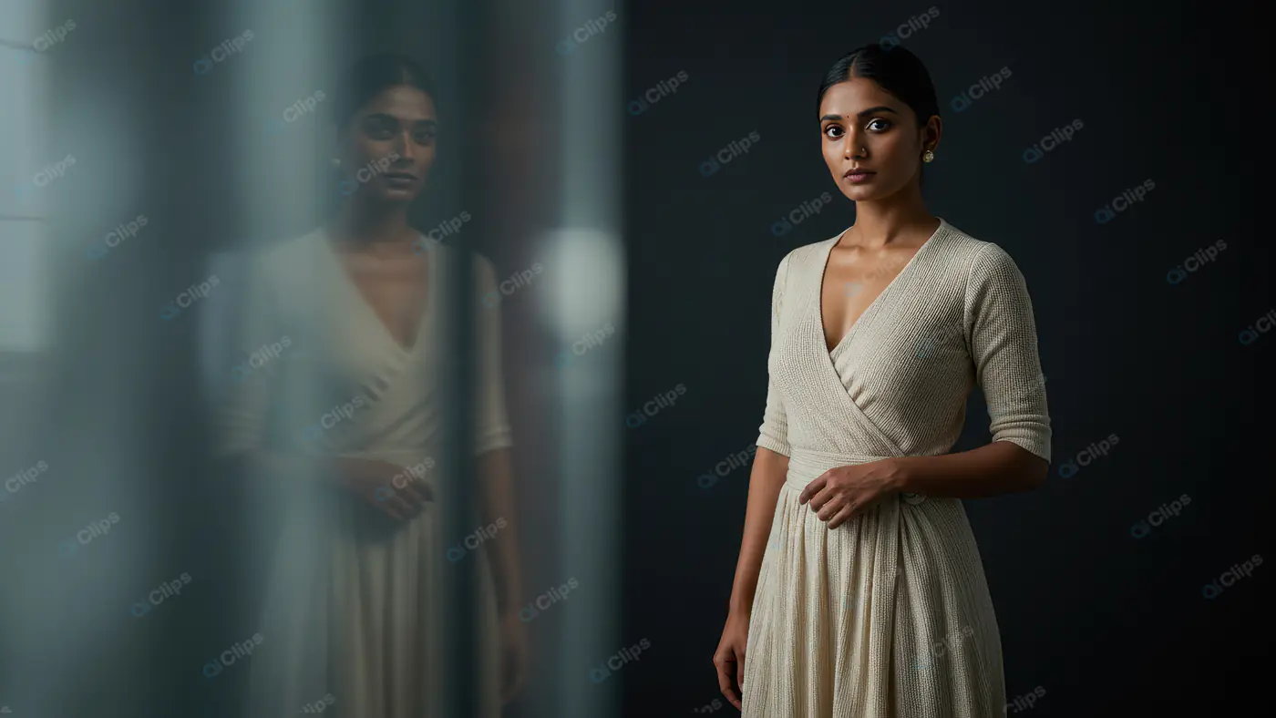 Minimalist Portrait of an Elegant Indian Woman in Cream Dress – Studio Fashion Photography