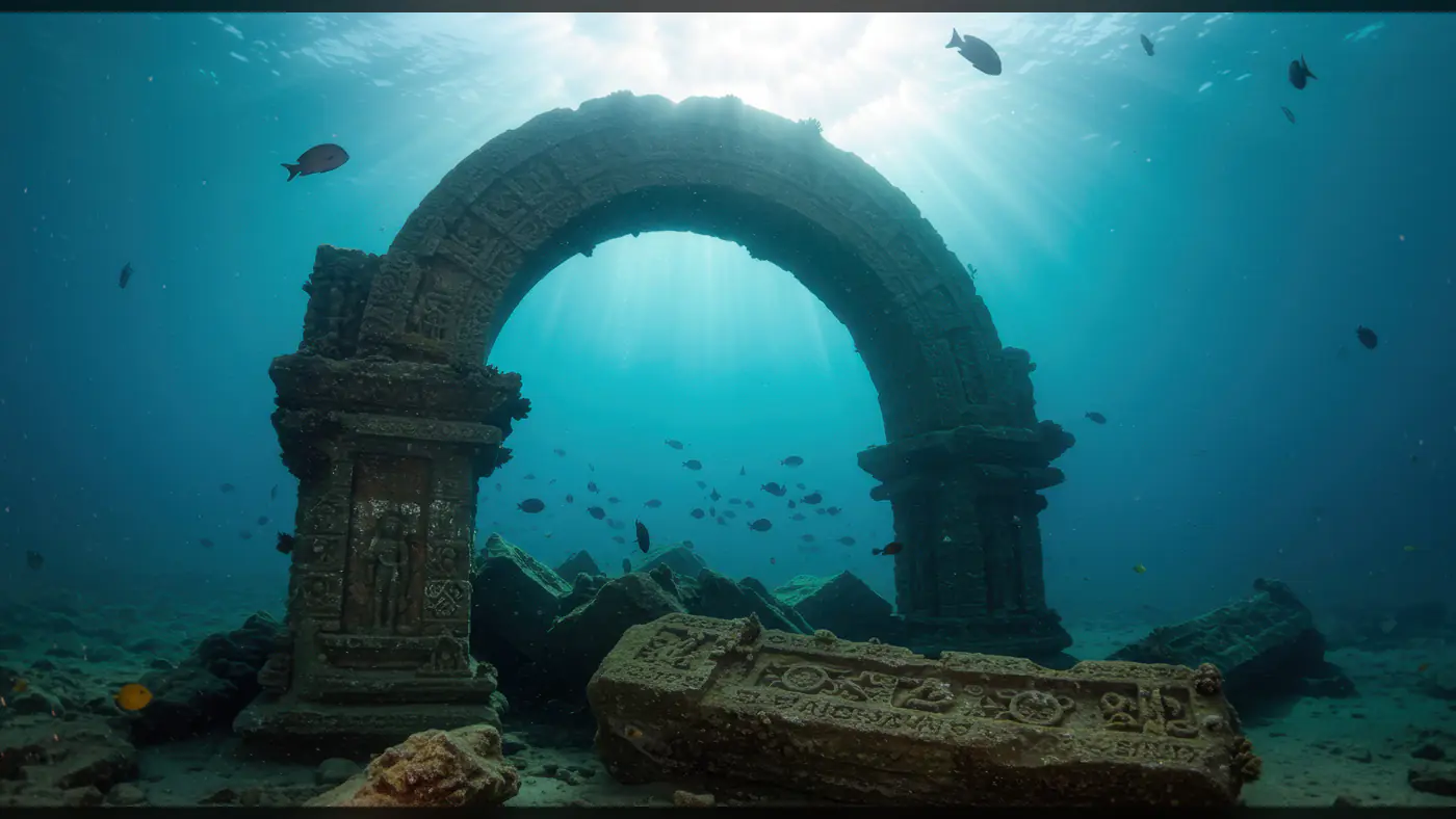 Mystical Underwater Arch of Ancient Indian Temple Ruins