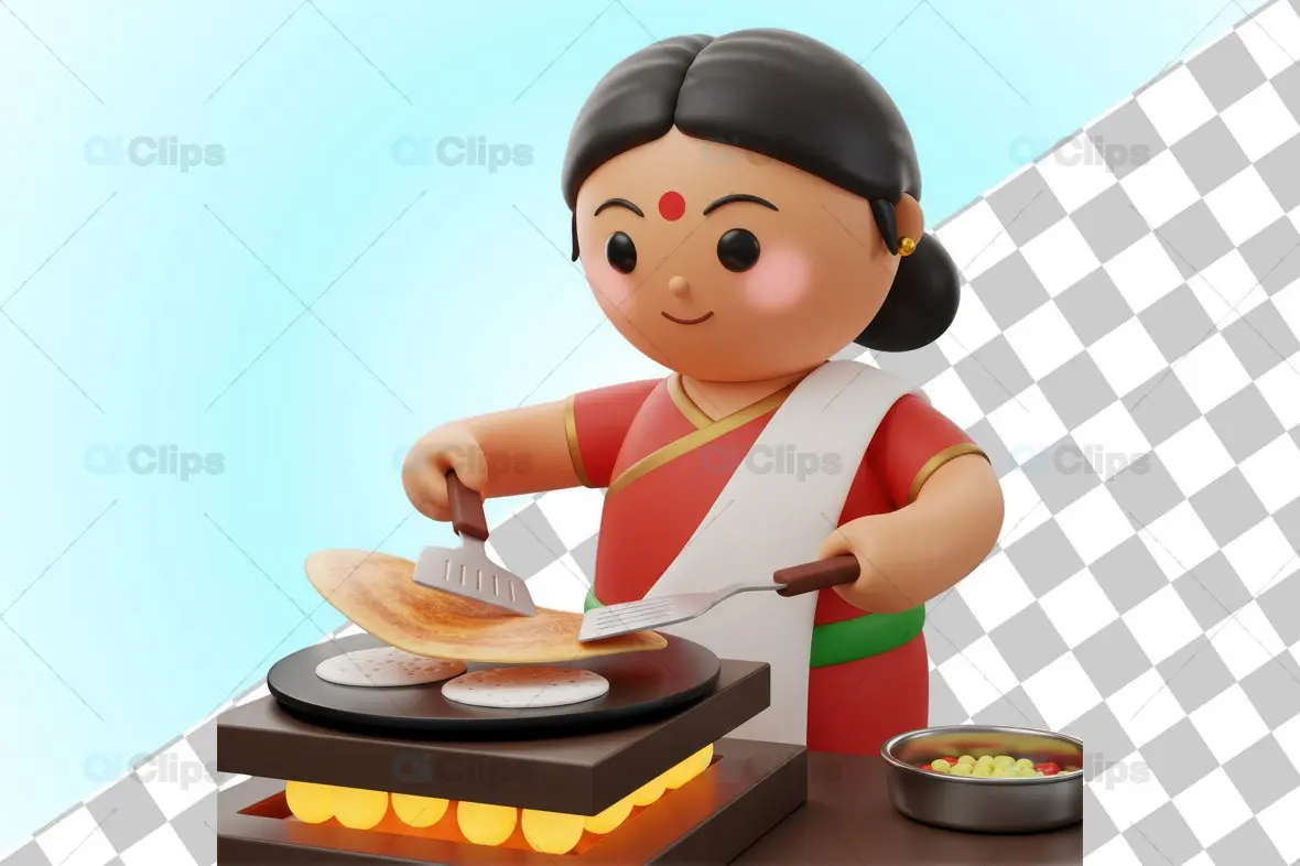 Traditional Indian Woman Cooking Dosa - 3D Illustration