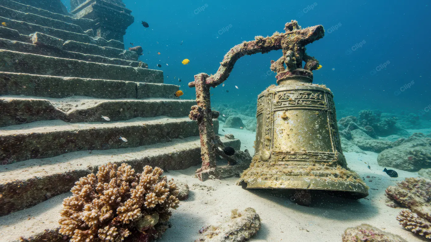 Ancient Temple Bell and Stairs Submerged Underwater Ruins