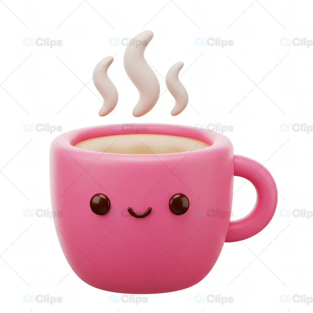 3D Pink Smiling Coffee Mug Illustration with Steam