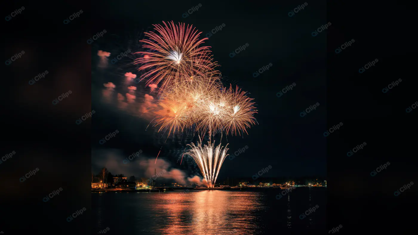Fireworks Over Water with City Skyline at Night