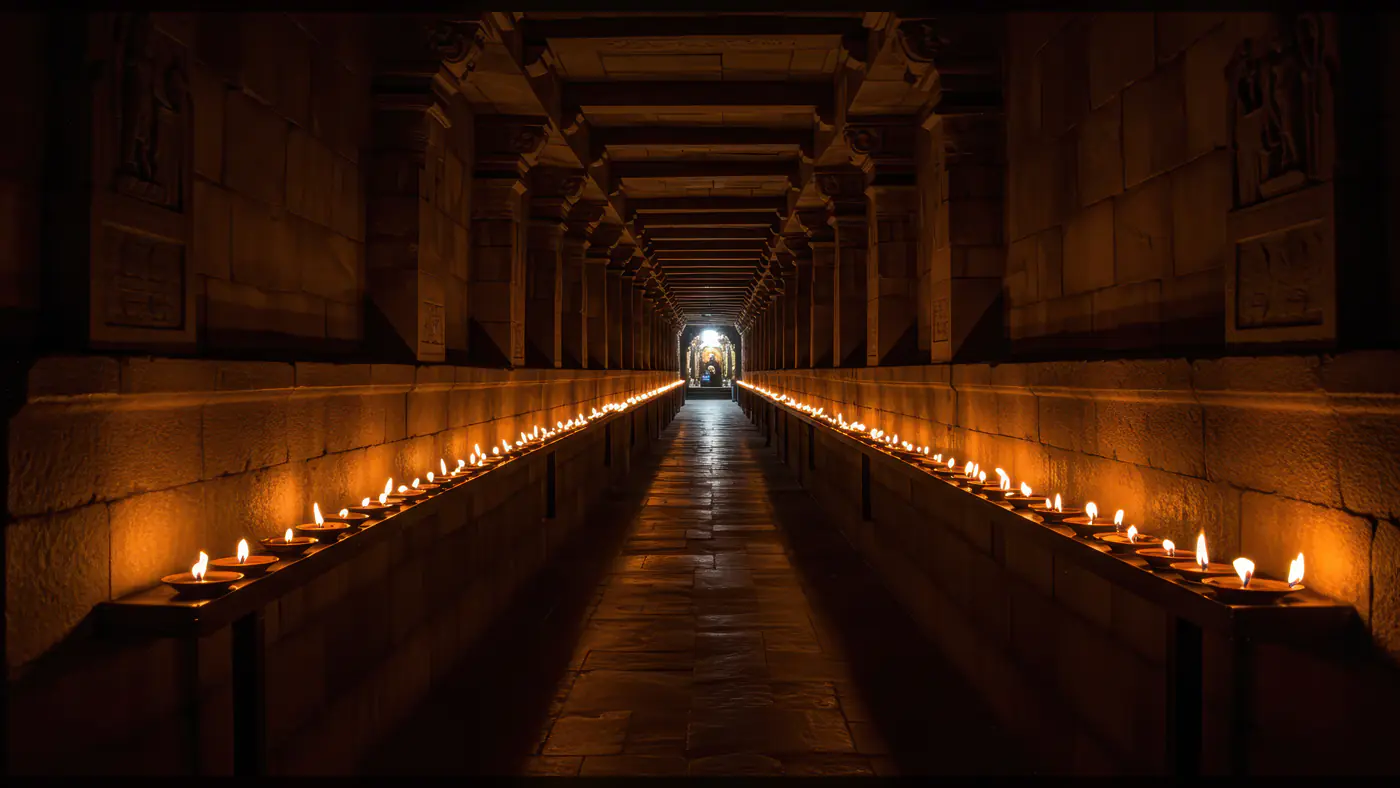 Ancient Temple Corridor with Lit Oil Lamps at Night