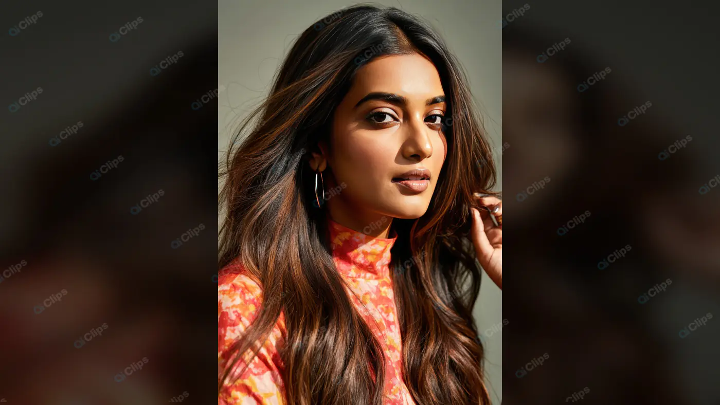 Stylish Indian Woman with Long Hair in Hoop Earrings and Floral Top