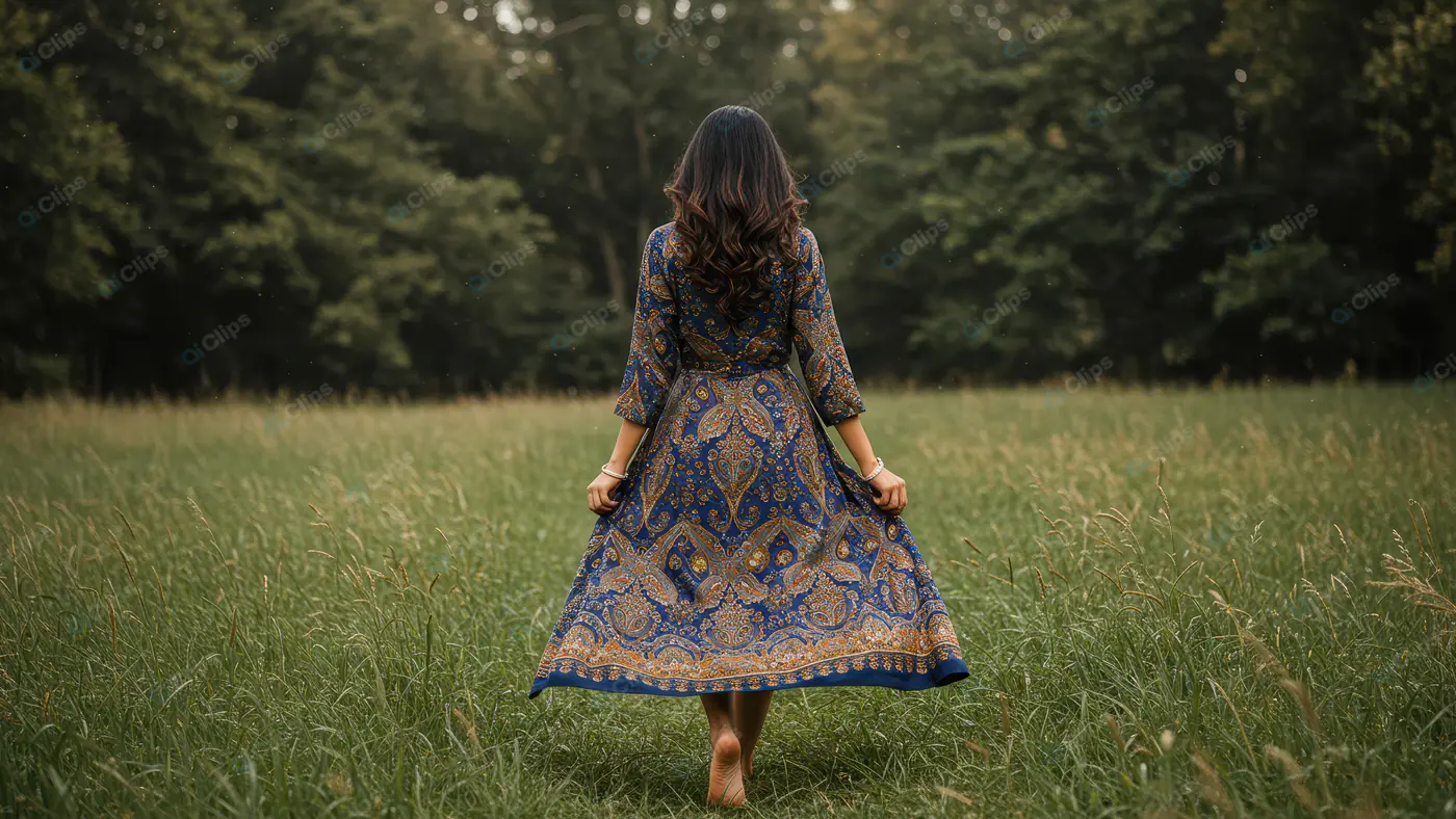 Indian Woman in Traditional Blue Dress Walking Barefoot in Nature – Serene Outdoor Scene