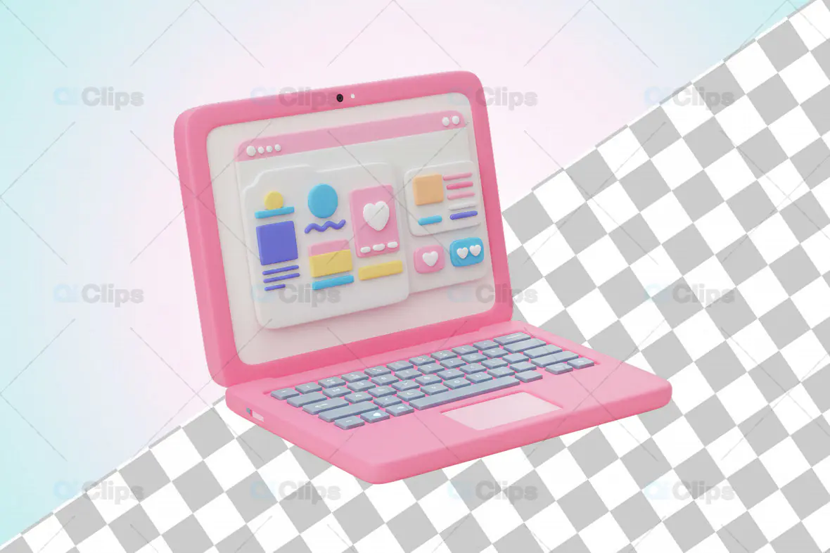 Pink 3D Laptop with Social Media Dashboard