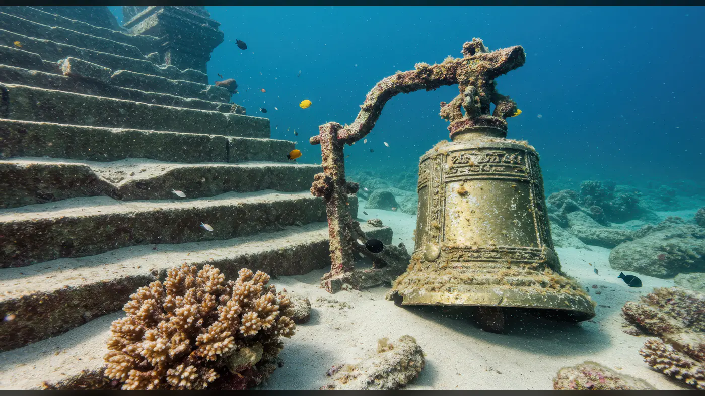 Ancient Temple Bell and Stairs Submerged Underwater Ruins