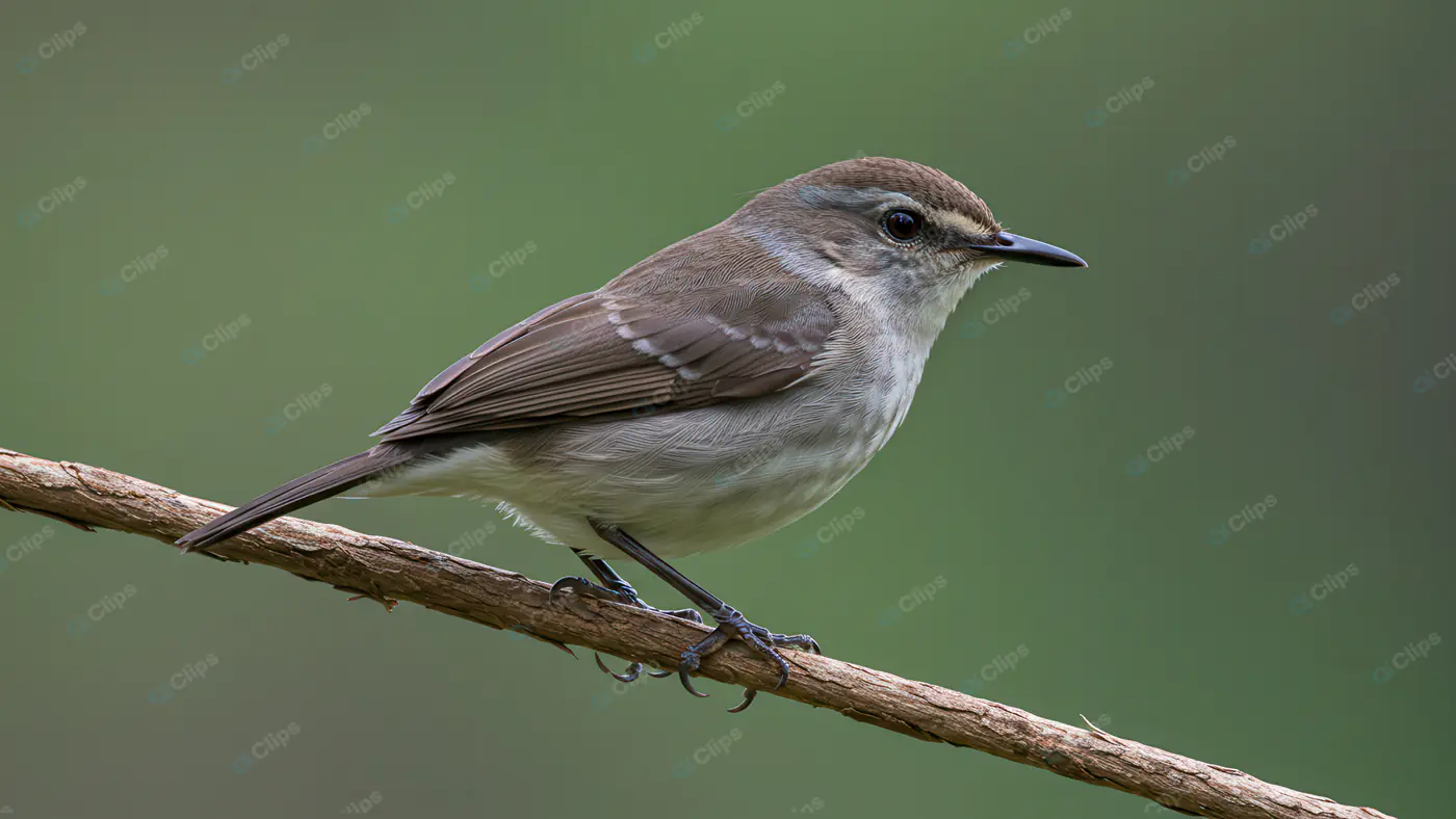 Close-Up of Small Brown Songbird on a Branch with Green Background