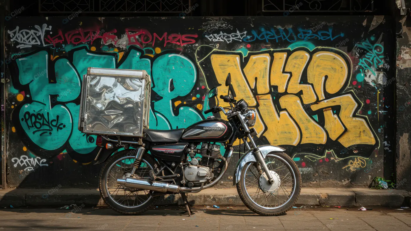 Indian Street Delivery Bike with Graffiti Wall – Urban Scene Photo