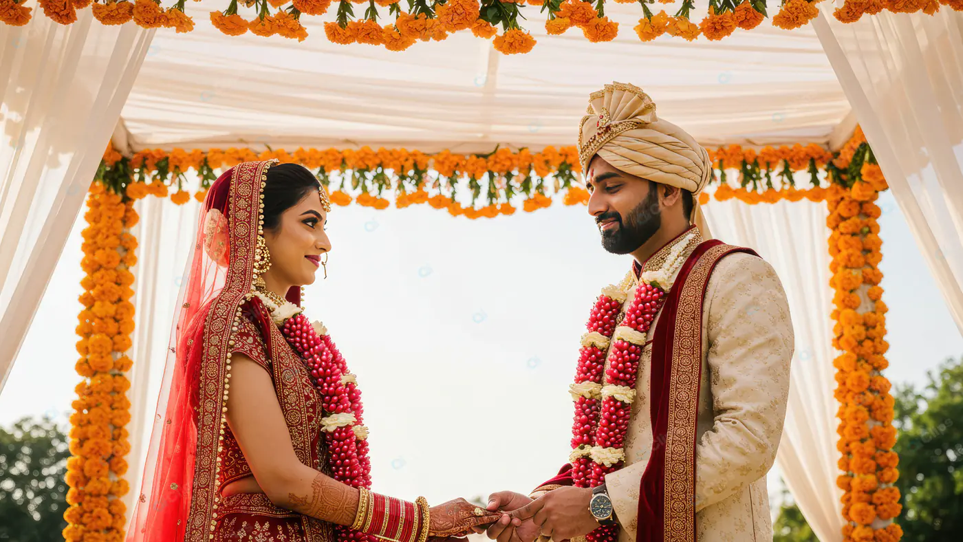 Traditional Indian Wedding Ceremony with Bride and Groom Exchanging Vows